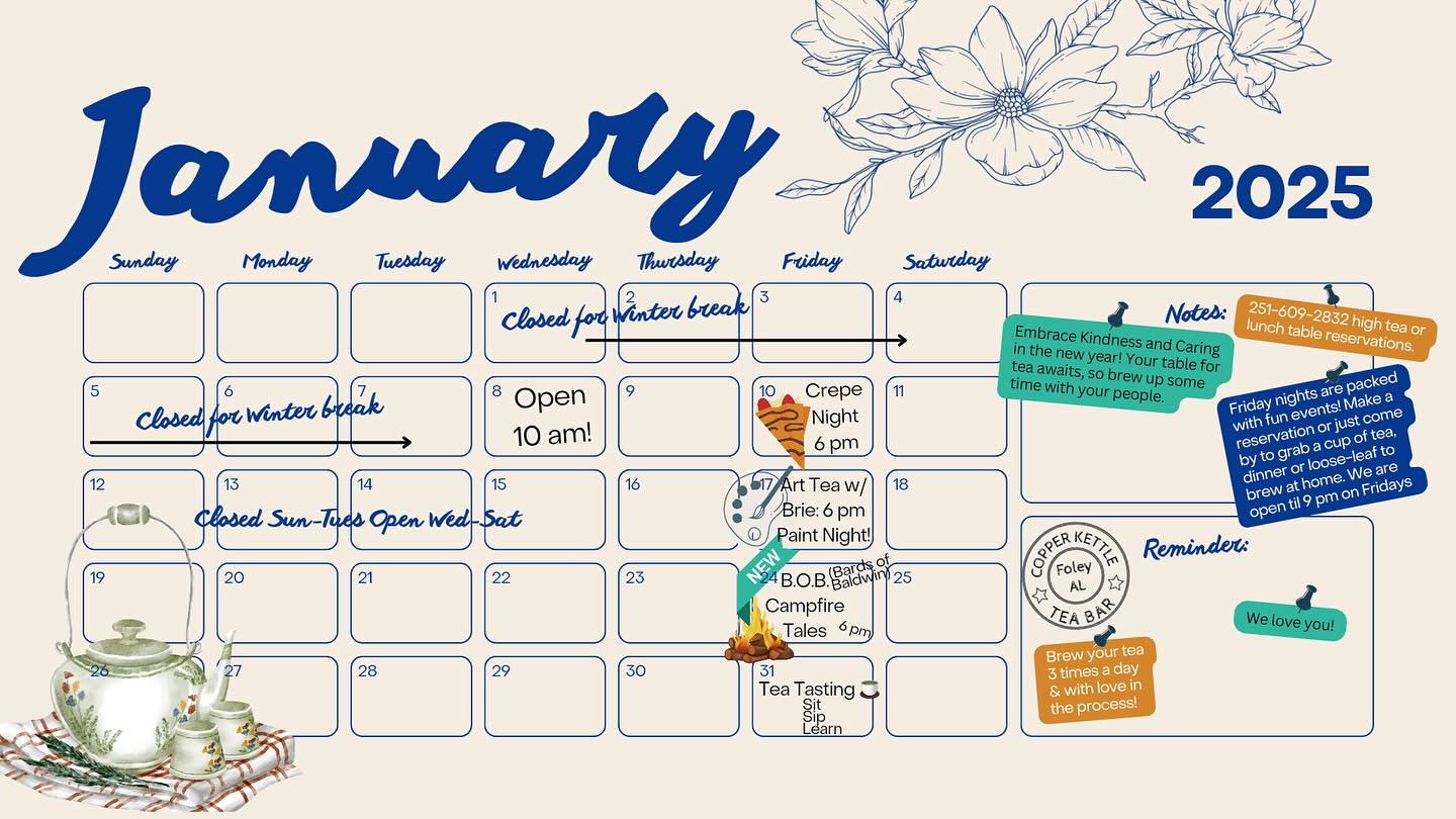 January calendar events social tea party tea house community events foley alabama