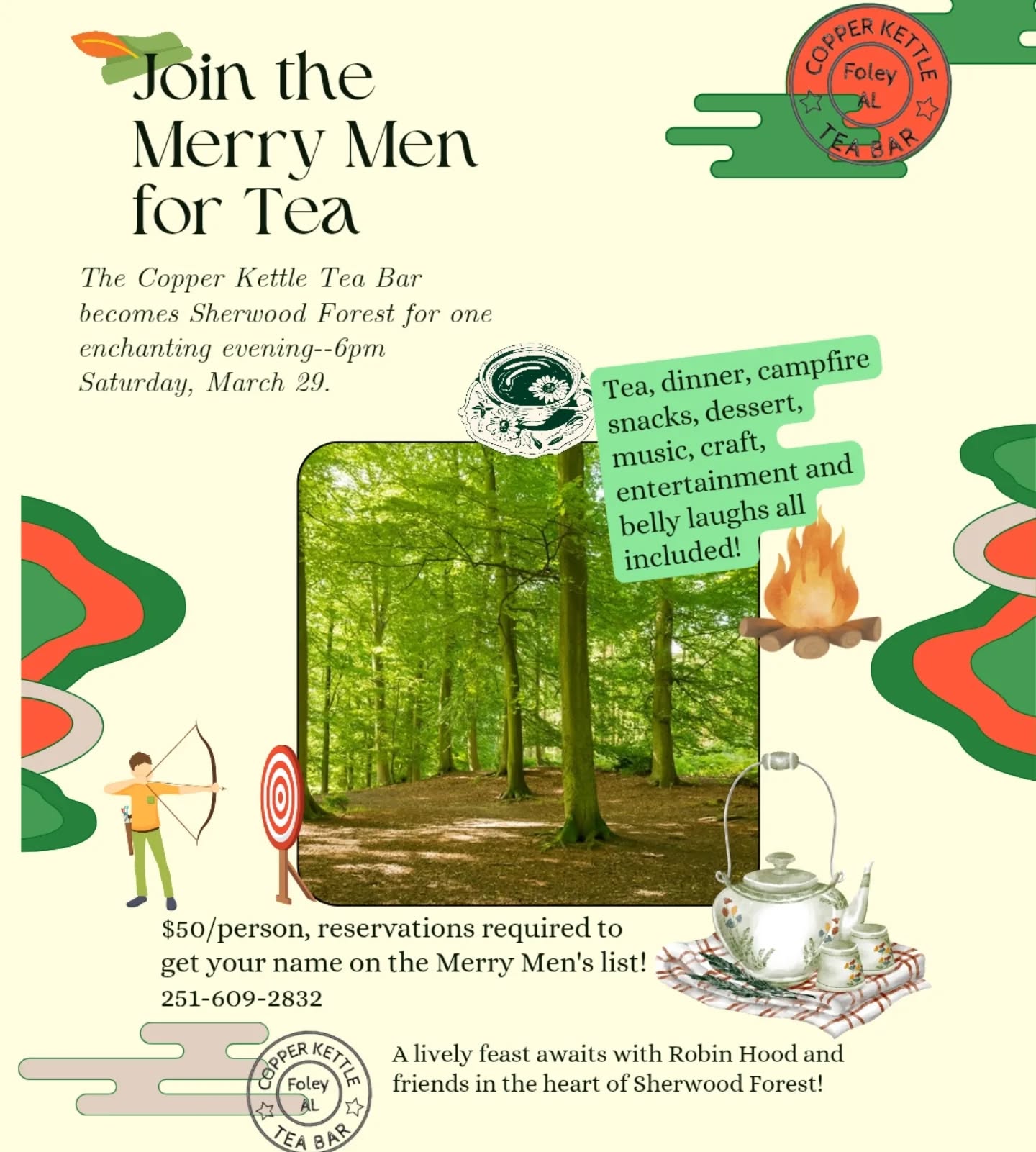 ad robin hood details and pricing for event march 29 3/39/25 family friendly tea party fun